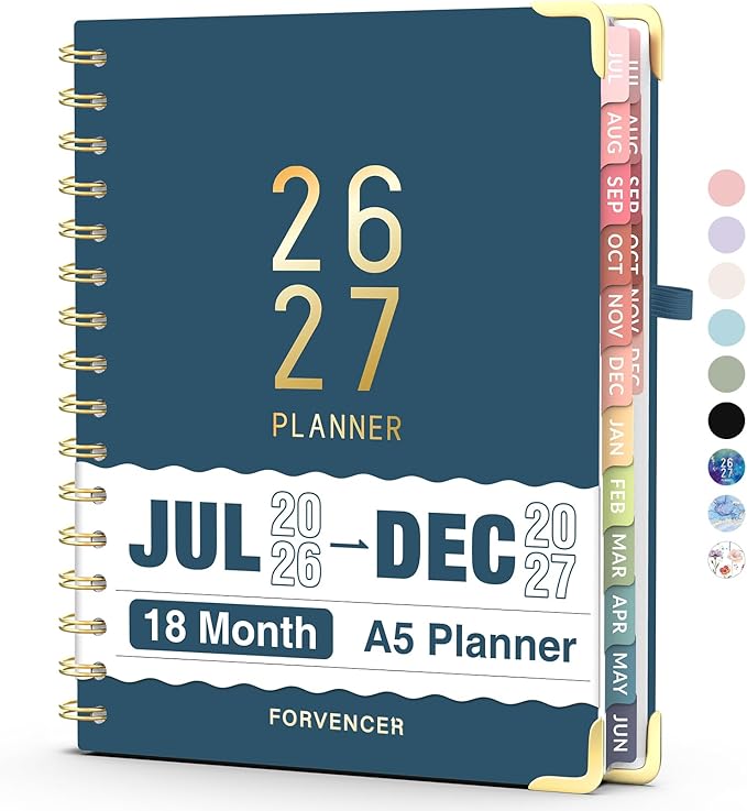 Jul 2026 - Dec 2027 Planner, Forvencer 18 Month Academic Planner 2026-2027, 6.3" x 8.4", Calendar Planner Weekly and Monthly, Daily Agenda Book, School Supplies for Student Teacher, A5, Navy Blue