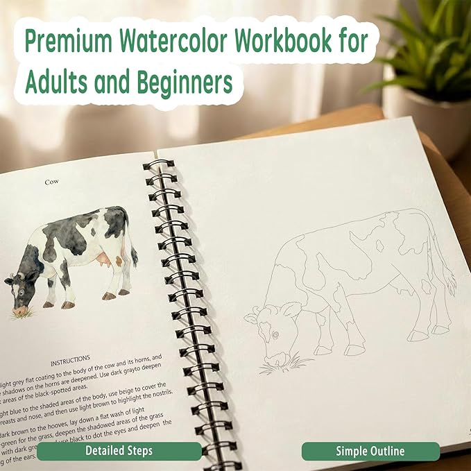 Watercolor Workbooks Coloring Book, Beginner Friendly Painting Kit, Detailed Steps, Creative Exploration Watercolor Book with Paint Set for Adults Teens (Farm, With paint)