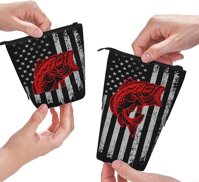 Fishing American flag Standing Pencil Case Cute Telescopic Stationary Pouch with Zipper Large Capacity Stand up Pen Bag Portable Makeup Holder for School Office Supplies