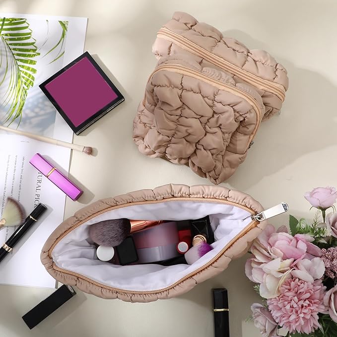 Huhumy 3 Pcs Puffy Makeup Bag Quilted Cosmetic Pouch for Women Cute Checkered Travel Toiletry Bag Puffer Makeup Organizer Purse Pouch Preppy Pencil Case with Zipper
