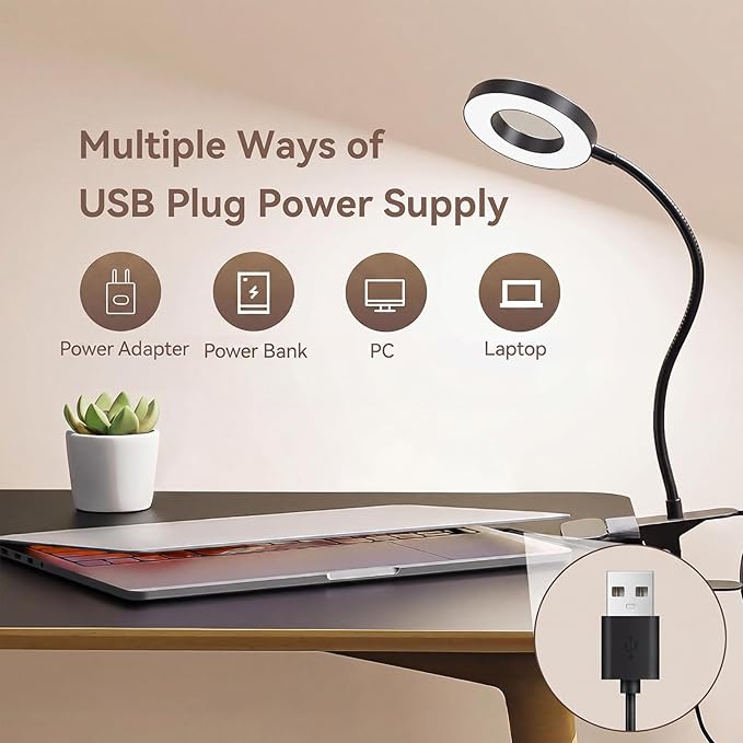 2 Pack LED Clip On Desk Lamp, 360° Adjustable Neck Eye-Caring Clamp Lamp with Memory Function, 3 Color Modes & 10 Brightness Levels for Home, Office, Dorm, Bedroom
