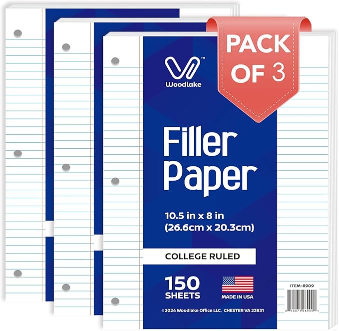 Woodlake Loose Leaf Paper, College Ruled Notebook Paper, 8 x 10.5”, 150 Sheets per Pack, 3 Pack Bulk Lined Filler Paper, 3 Hole Punched, 60gsm, Made in USA
