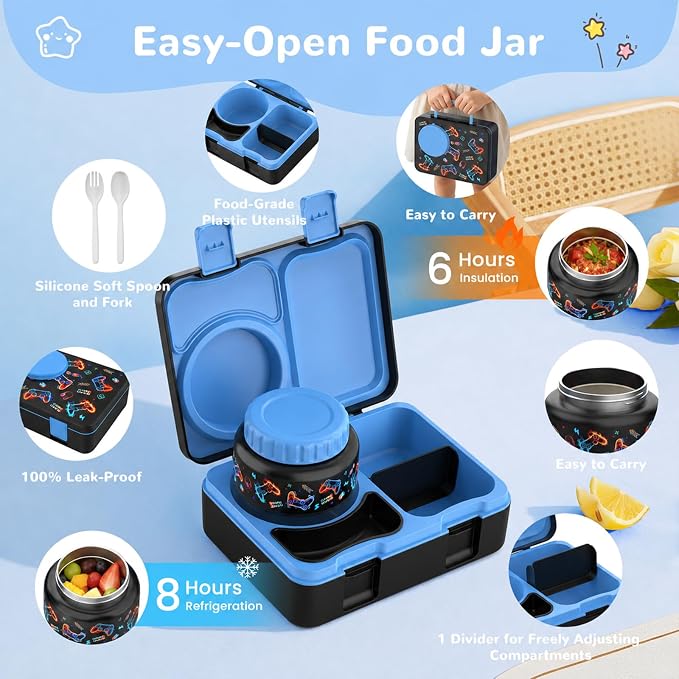 Kids Insulated Lunch Box with 8OZ Thermo Food Jar | Leakproof Bento Box with Ice Pack Sauce Cup Utensils Removable Tray & Dividers for School Daycare Travel, Game Controllers