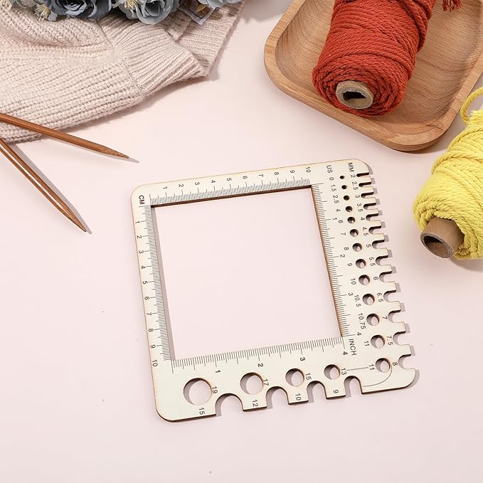 Wooden Knitting Crochet Gauge Ruler, Premium Pine Needle Sizer Stitch Counter Spinner Yarn Measure Tool with Circular Ruler & Rectangle Sizer for Crafting Projects (15cm/5.91in)