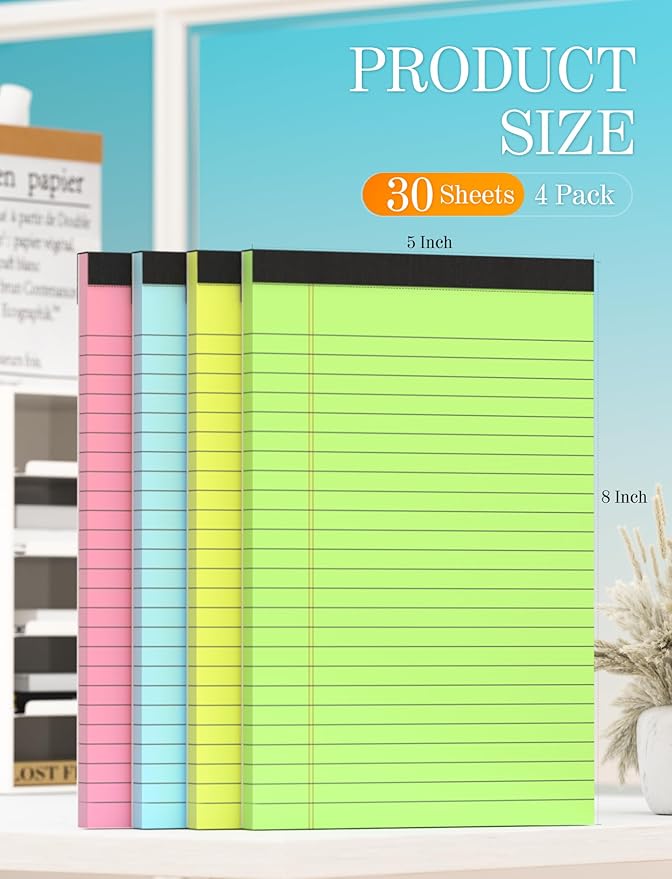Small Colored Legal Pads 5x8, 4 Pack Colored Notepads 5x8, Lined Note Pads 5x8 College Ruled, Small Notebook Paper 5x8 Colored Note Pads, Legal Pads 5 x 8 Lined Paper, 30 Sheets Per Pads of Paper