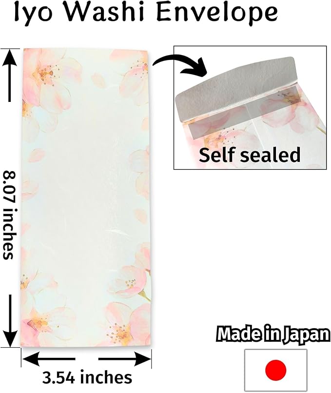 Japanese Cherry Blossom Envelopes 24 Pack (8 Pack x 3 Different Design Set), Made in Japan, Elegant Washi Paper, Self Sealing, Sakura