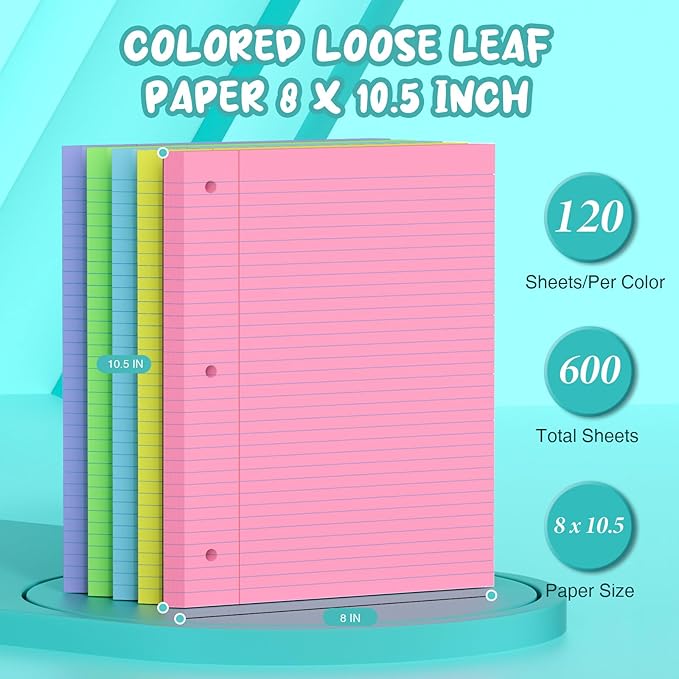 600 Sheets Loose Leaf Paper 8 x 10.5, 5 Colors Lined Paper College Ruled, 3 Ring Binder Paper 120 Sheets/Colors, 3 Hole Punched Notebook Paper 8 x 10.5, Colored Filler Paper for Office, School, Home