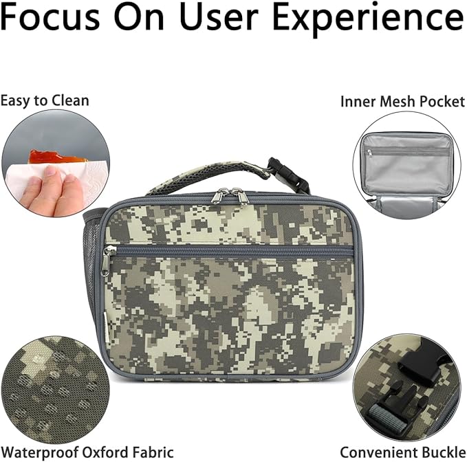 GYEUKHAM Insulated Lunch Box for School, Thermal Reusable Durable Freezable Lunch Bags for Kids Boys Girls Men Women - Small Soft Cooler Portable Lunch Tote Kit for Work Picnic Travel,Grey Camo