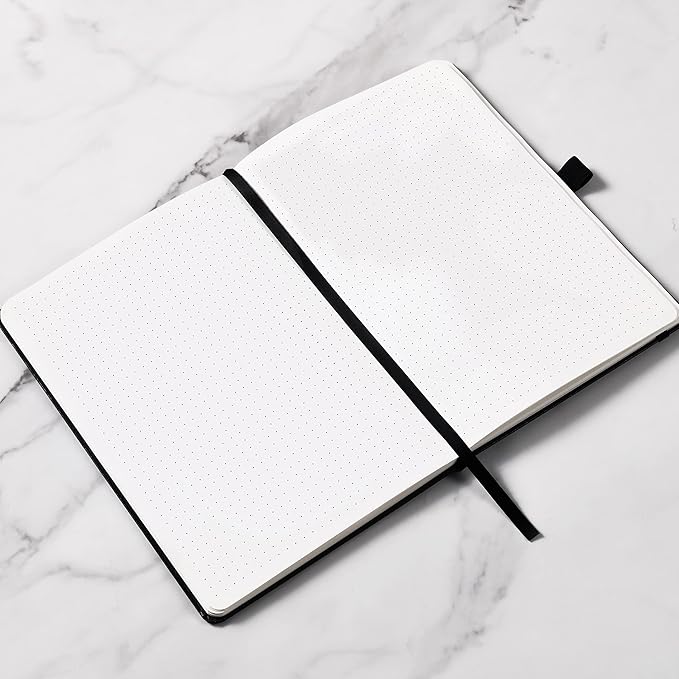 Dotted Journal/Notebook - Dot Grid Hard Cover Notebook, Premium Thick Paper with Fine Inner Pocket, Black Smooth Faux Leather, Pen Loop, 5.3''×8.26'' - Black