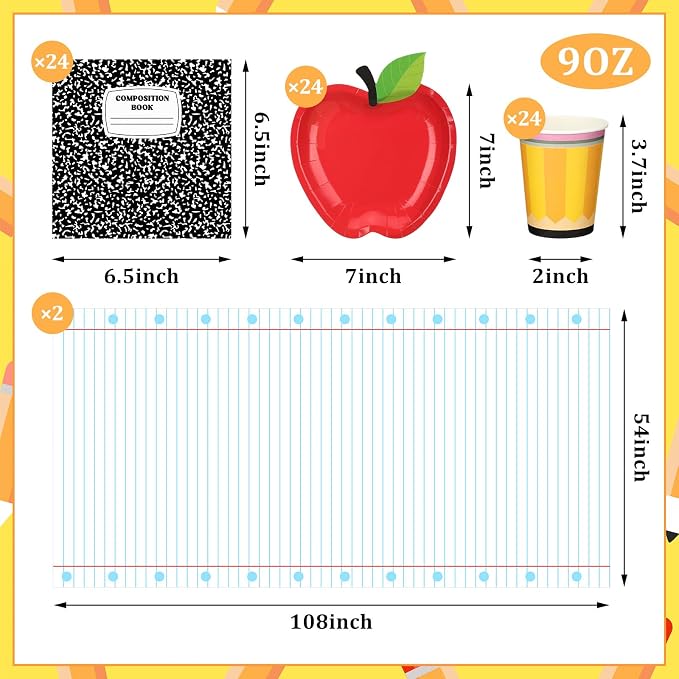 146 Pcs Back to School Decoration First Day of School Party Supply Apple Plate 24 Set Tableware Disposable 2 Notebook Tablecloth for Composition Classroom Decoration Preschool Kindergarten Party