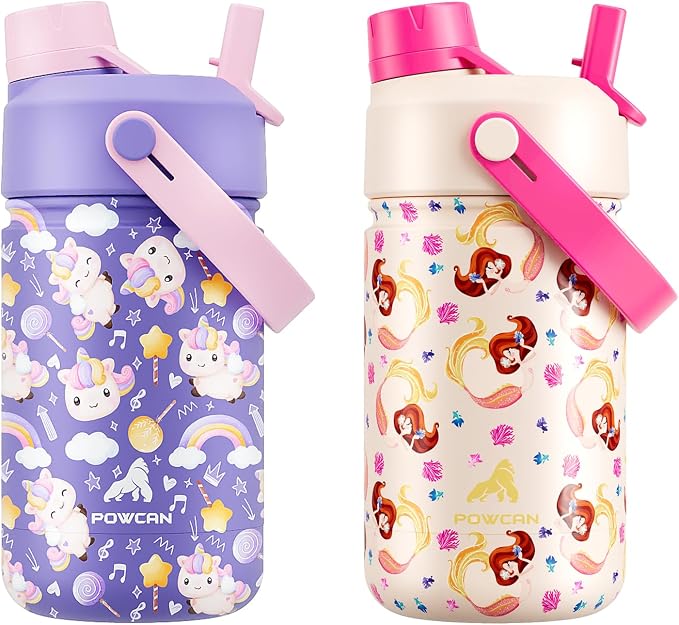 POWCAN 2 Pack 12 oz Kids Insulated Water Bottle for School: Leakproof, 2-in-1 Straw Spout Lid, BPA-Free, Keep Cold 24 Hrs, Stainless Steel Cup for Sports, Travel, Gift for Girls Boys Daughters Sons