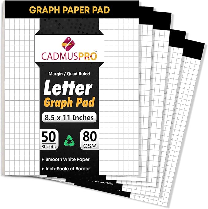 Graph Paper Pads 8.5x11 Inch, 5 Pack 250 Sheets, Double-Sided 80 GSM Quadrille Grid Math Notebook Paper for Students, Engineering Pad, Blueprint Drafting and Architecture Sketch