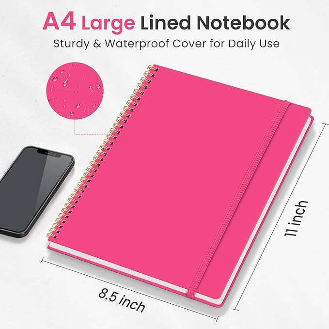 Taja Spiral Lined Notebook, 8.5"x11" Notebooks for Work, Large A4 Journal for Women & Men, College Ruled Journaling Notebook for Writing, Plastic Cover Spiral Journal, Berry Pink