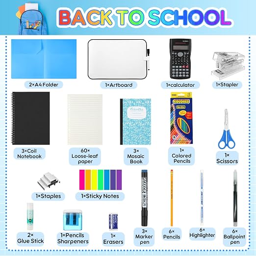 Gilprop 1 Set Middle and High School Supplies Kit, 51 Pcs Per Set Back to School Supplies College Bundle Essential Stuff Bulk Stapler Notebook Calculator for Senior Student Teen Classroom
