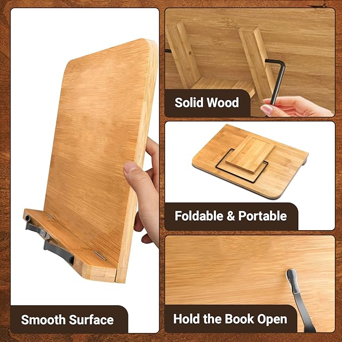 2 Pack Adjustable Book Stand, Stable and Lightweight Wooden Textbook Holder Stand, Bible/Recipe/Pad/Reading/Cooking Book Tray