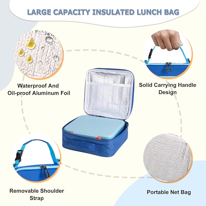 Bento Lunch Box for Kids with 8oz Soup Thermo Leak-Proof Lunch Food Containers with Snack Sauce Container for Kid Girls Boys to School,Blue Bag