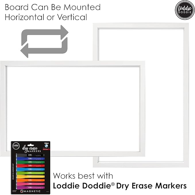 Loddie Doddie Magnetic Dry Erase Board - 24 x 36 in, White Frame - Wall-Mount Whiteboard for Office & Home - Stain-Resistant Magnetic Whiteboard for Wall - Built-in Tray on Marker Board