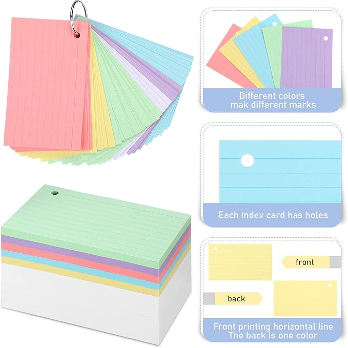 Epakh 300 Pieces Lined Index Cards 180 GSM Thick Flash Cards with Rings Notecards Punched Back to School for Studying Adults Home College Office(3 x 5 Inch,Light Color)