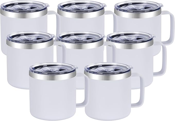 VEGOND 14 oz Insulated Coffee Mug Bulk with Handle, Stainless Steel Travel Coffee Mug with Lid, Double Wall Vacuum Metal Coffee Cup, Coffee Tumbler Powder Coated, White 8 Pack