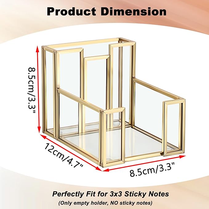 BTSKY Golden Glass 3x3 Inch Sticky Note Holder with Pen Slot, Elegant Post It Note Dispenser with Non-Slip Pads Clear Notepad Holder for Desk Organization Planning, Home Office Decor