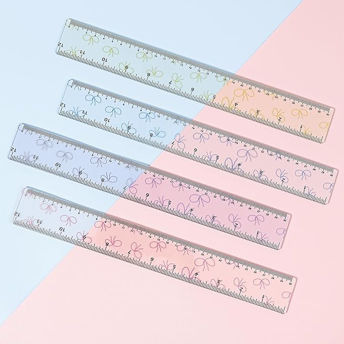 BAYTORY 4Pcs Transparent Acrylic Ruler 12 Inch, Clear Plastic Straight Rulers, Shatterproof Student Stationery Centimeters with Inches, for Classroom Essentials School Supplies (Bowknot 12 Inch)