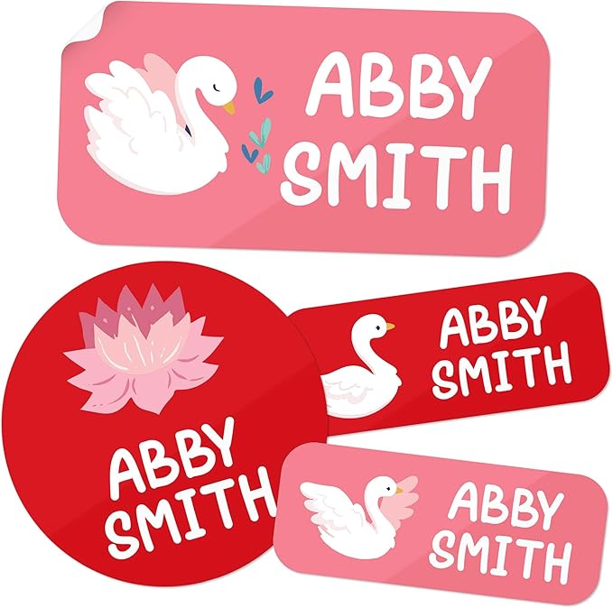 Personalized Daycare Name Labels for Kids, (130 Pack) Waterproof Custom Name Stickers for Clothing Tags, Lunch Boxes and School Supplies, Made in USA by MSC -Swan