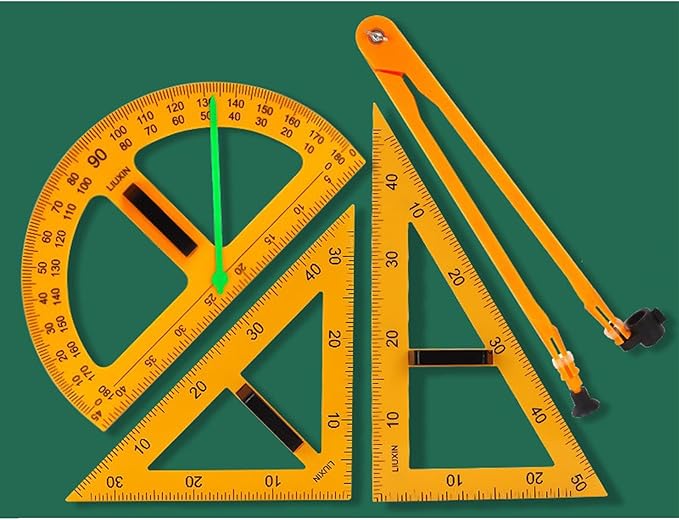 Magnetic Geometry Set on Whiteboard Math Classroom Large Protractor Triangle Ruler Plate Set Compass Drawing Tools for Teacher (4 Pieces)