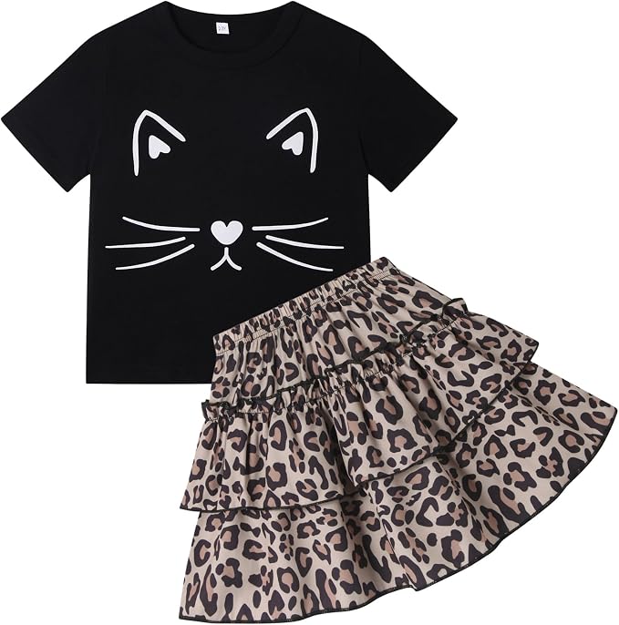 Little Girls Skirt Set - 2 Piece Short Sleeve Top Shirred Tiered Skirt Outfit Girls Spring Summer Clothes 3-8 Years