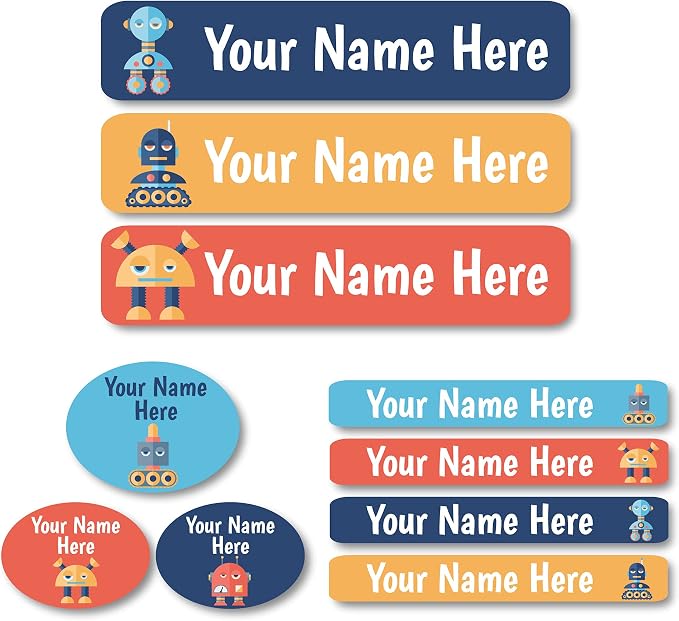 Lovable Labels Personalized Labels for Kids (85Pack) - 3 Label Sizes Waterproof Dishwasher Safe Peel & Stick Labels for School Supplies Daycare Camp Clothing Bottles (Bots)