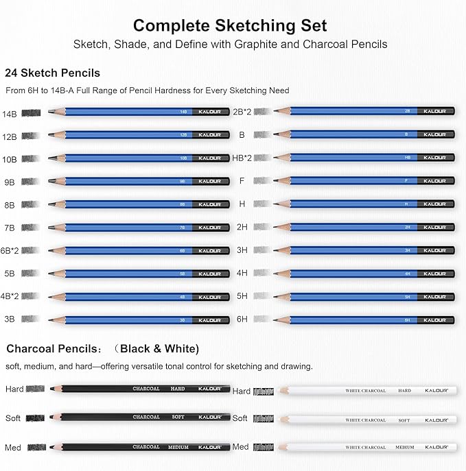 KALOUR PDAS 112 Drawing Set Sketch Kit, Pro Art Supplies with 3-Color Sketchbook, Graphite, Charcoal Pencils, Art Drawing Kit for Artists Adults Teens Beginners, Ideal for Shading & Blending