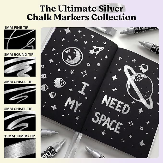 Chalkola 6 Silver Chalk Markers - Dual tip, Fine & Jumbo Tip (1mm, 3mm, 5mm, 15mm) | Erasable Liquid Chalk Pens for Blackboard, Chalkboard Signs, Car Window, Bistro, Glass | Washable Chalkboard Marker