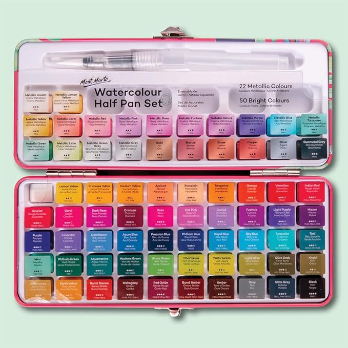 Mont Marte Watercolor Set Signature 73pcs, Including 50 Bright and 22 Metallic Colors with Translucent Finish, Ideal for Artists, Hobbyists and Adults