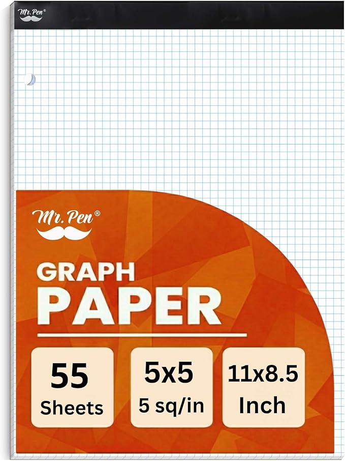 Mr. Pen- Graph Paper pads 8.5 x 11 Inches, 55 Sheets, 5x5 (5 Squares Per Inch), 3-Hole Punched, 3-Hole Punched, Blueprint Grid Paper Pads 8.5 x 11, Math Notebook