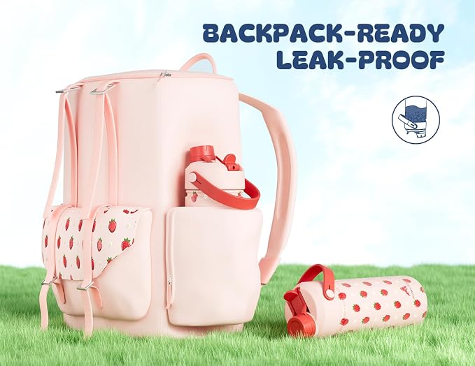 18 oz Kids Metal Water Bottle: 2-in-1 Straw Spout Lid, Spill-Proof, Easy Clean, Keep Cold 24H, Backpack Friendly, BPA-Free Stainless Steel Cup for School, Daycare, Playtime, Gift (Strawberry Daisy)