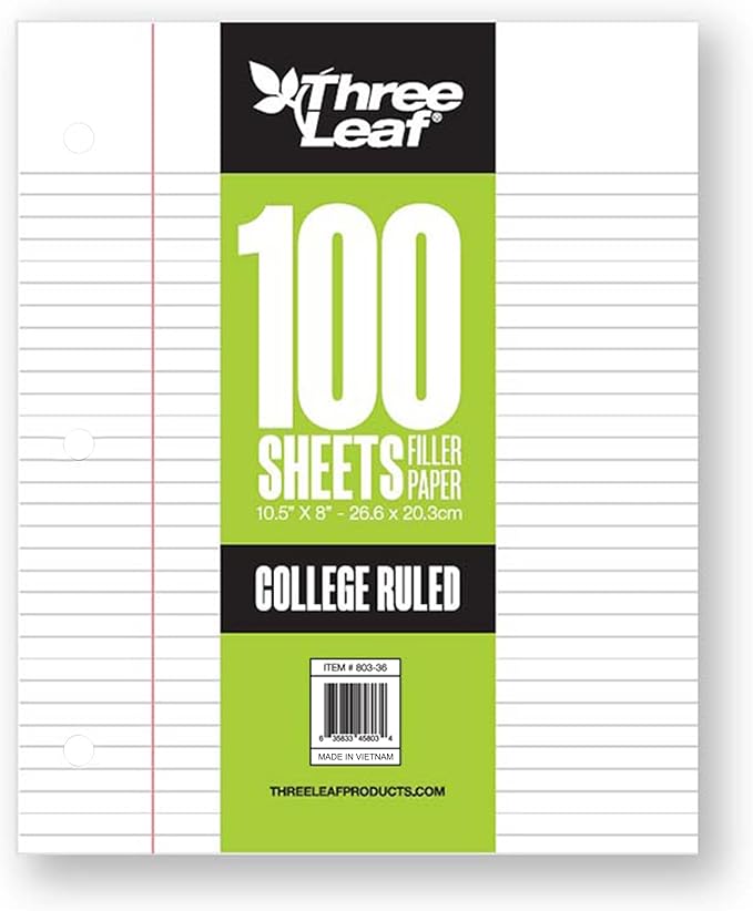 Three Leaf 100 Sheets College Ruled Filler Paper, 2880 Ct. (80 Cases X 36 Filler Paper), Loose-Leaf Sheets For School And Office