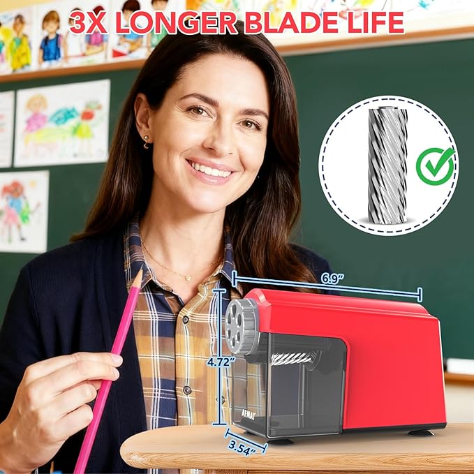 AFMAT Electric Pencil Sharpener Heavy Duty, 6 Holes, Cordless & Rechargeable, Super Fast, Auto Stop, 10K+ Uses, Classroom Pencil Sharpener for 6-11mm No.2/Large/Colored Pencils PSD4(Red)