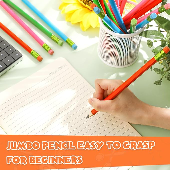 Fainne 48 Pcs Fat Pencils Jumbo Big Thick Large Pencils and 3 Pieces Sharpeners for Kids Beginners Preschoolers Kindergarten School Office Supplies(Multicolor,Triangle)