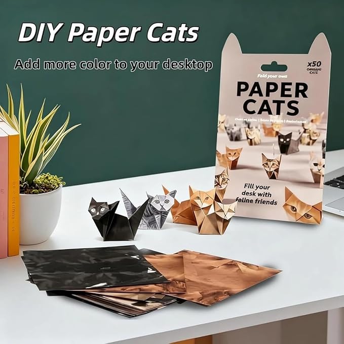 DIY Paper Cat Origami Kit - 50 Sheets DIY Origami Paper to Fold 3D Cute Cats Figures, Desk Decoration Handmade Paper Craft Kit Decoration & Gift for Pet Lovers (Cat 50pcs)