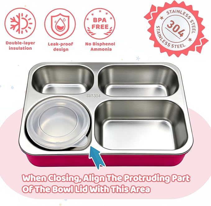 Kids Stainless Steel Lunch Box,304 Stainless Toddler Leak-Resistant Insulated Metal Bento Box,Suitable Schools,Office,Use Comes With An Independent Soup Cup,Tableware,4 Compartments (Pink)