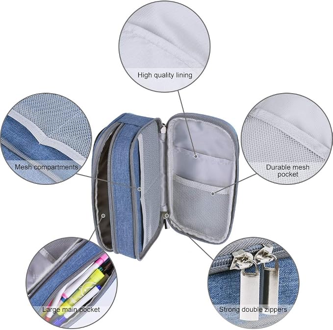 Big Capacity Pencil Case Large Pencil Bag Pouch Pen Case Pencil Marker Holder with High Storage for Office Desk Organizer Supplies Cosmetic Makeup Bag, Blue