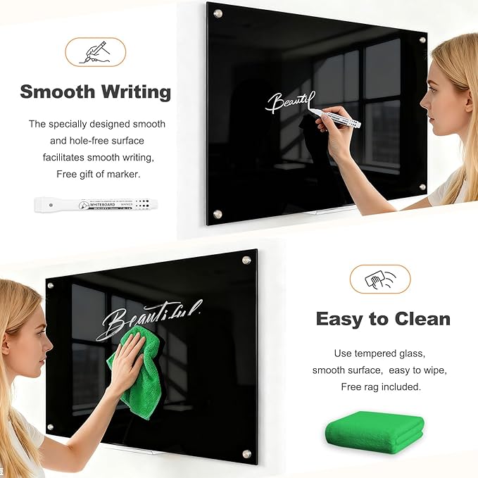 Black Dry Erase Board, 24" x 18" Magnetic Large Black Glass Board Frameless Wall Mounted Glass Whiteboard for Office, School & Home with 1 Acrylic Marker Tray & 3 Strong Magnets