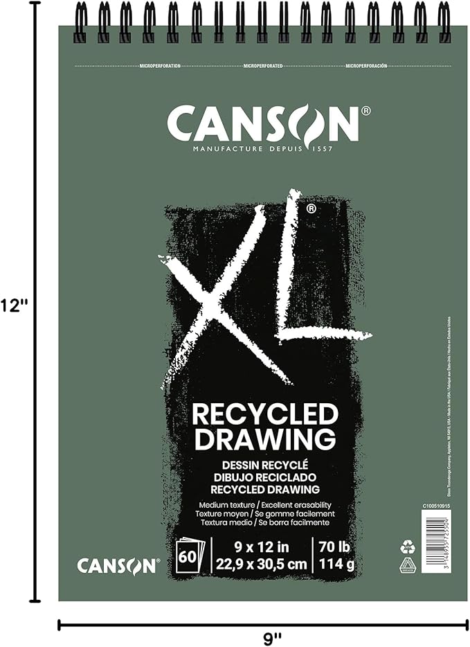 Canson XL Series Recycled Drawing Paper Pad, Top Wire Bound, 70 Pound, 9 x 12 Inch, 60 Sheets (Pack of 4)