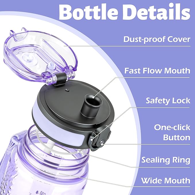 OLDLEY 25 oz Water Bottle, Motivational Water Bottle with Time Marker, Sports Water Bottle With Strap, Leakproof & BPA Free Large Water Bottles for School, Gym, Travel, Outdoor, Transparent Purple