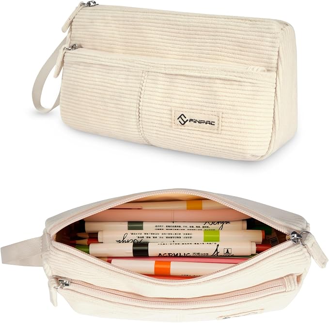 FINPAC Pencil Case, Corduroy Triangle Makeup Bag Kawaii Pen Bag Pouch | Pencil Holder Box Organize for Study, Office, or Travel, Beige