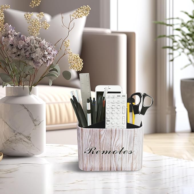 Square Leather Art Supply Organizer,Remote Control Holder with Removable Dividers,360°Rotatable Pencil Holders,4 Compartments Organizer for Office Supplies Storage Box(1-Light Grey)