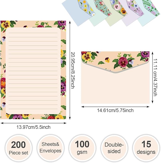 Geyee 200 Pieces Watercolor Stationary Paper and Envelopes Include 100 Lined Sheets and Envelopes, 5. 5 x 8. 25 Inch Double Sided Printing Letter Writing Paper with Mailers(Floral)