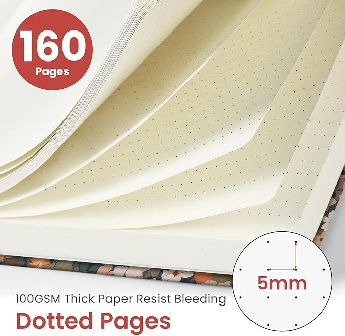 Taja Pretty Dotted Journal for Women, Aesthetic Cute Hardcover Leather Journal for Writing, A5 Journaling Notebook for Work & Sketch, Perfect for Office School Home, 160 Pages, Meadow Flowers