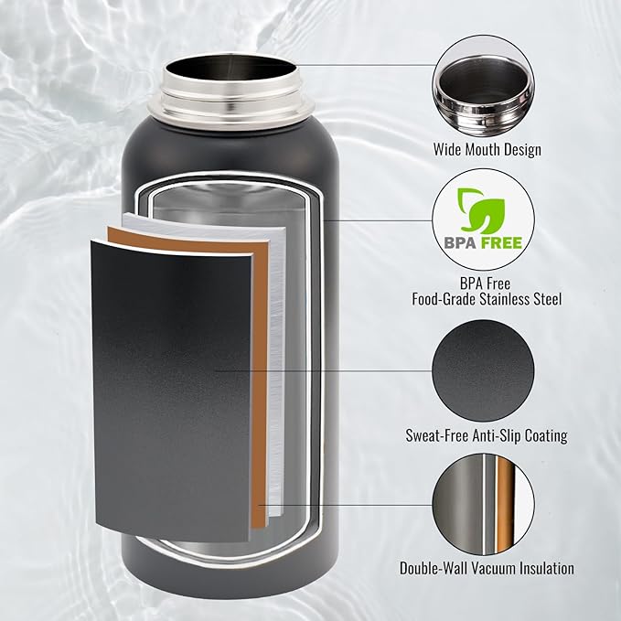 Fijinhom 32 oz Insulated Water Bottle with Handle, 304 Stainless Steel Water Bottles with Wide Mouth, Double Wall Vacuum Sports Water Bottle, BPA Free, Keep Cold and Hot, Black/Gray