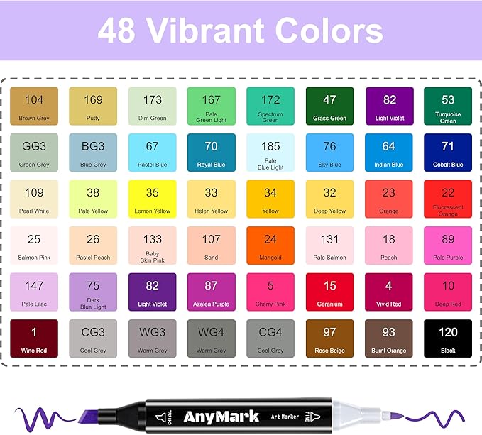 AnyMark Alcohol Markers, 48 Colors Dual Tip Art Coloring Markers Set for Adult Book Drawing Sketching Painting, Chisel & Fine, Black Penholder
