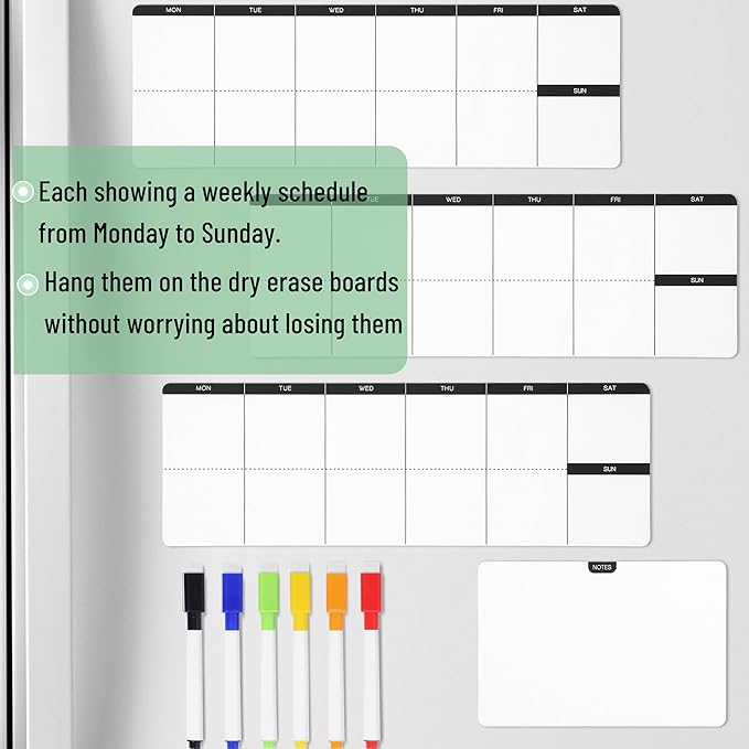 Mr. Pen- 4" x 12" Dry Erase Magnetic Weekly Planner for Fridge, 11 pcs, 4X Weekly Chore Chart, 6X Colorful Whiteboard Markers and 6" x 4" Magnetic Whiteboard Note